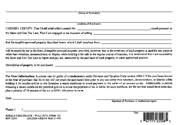 CA Resale Tax Number Certificate